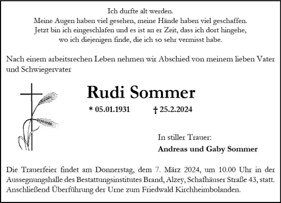 Traueranzeige von Rudi Sommer von Allgemeine Zeitung Alzey