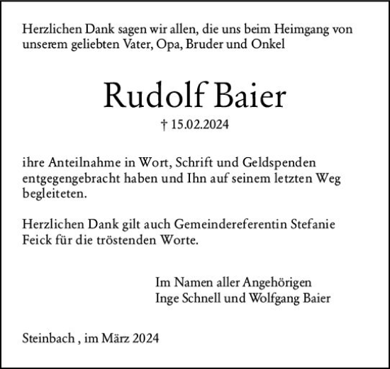 Traueranzeige von Rudolf Baier von Dill Block