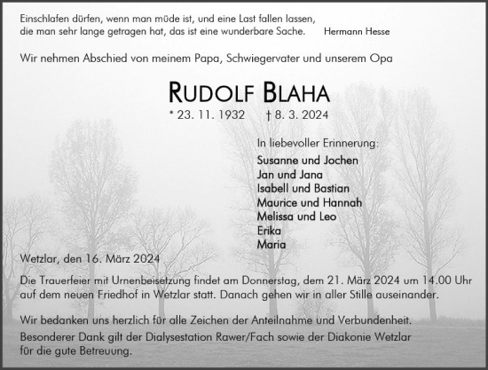 Traueranzeige von Rudolf Blaha von Wetzlarer Neue Zeitung