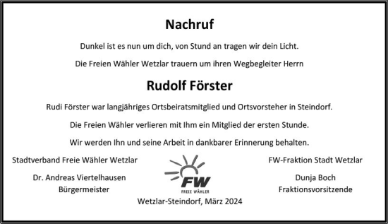 Traueranzeige von Rudolf Förster von Wetzlarer Neue Zeitung