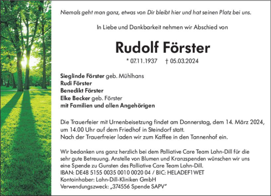Traueranzeige von Rudolf Förster von Wetzlarer Neue Zeitung