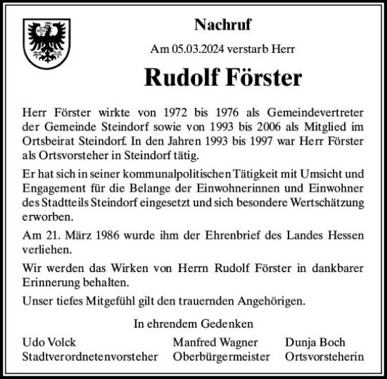 Traueranzeige von Rudolf Förster von Wetzlarer Neue Zeitung