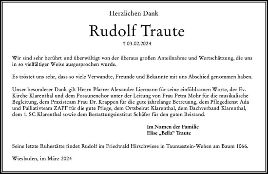 Traueranzeige von Rudolf Traute von Wiesbadener Kurier