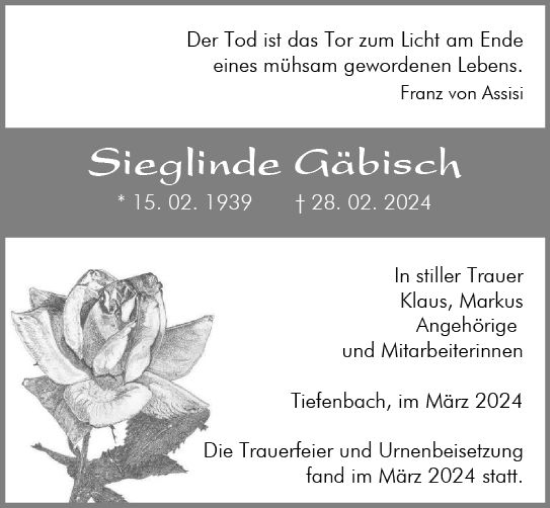 Traueranzeige von Sieglinde Gäbisch von Wetzlarer Neue Zeitung
