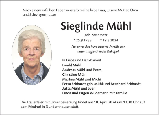 Traueranzeige von Sieglinde Mühl von Darmstädter Echo