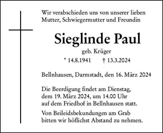 Traueranzeige von Sieglinde Paul von Hinterländer Anzeiger