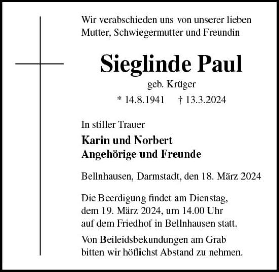 Traueranzeige von Sieglinde Paul von Hinterländer Anzeiger