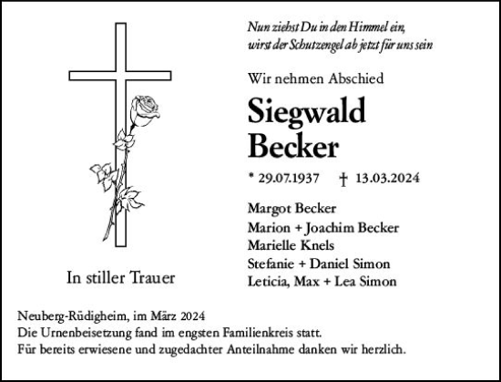 Traueranzeige von Siegwald Becker von Rüsselsheimer Echo