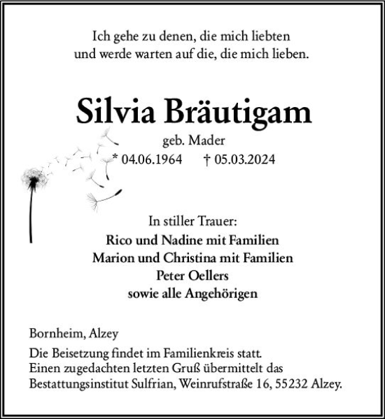 Traueranzeige von Silvia Bräutigam von Allgemeine Zeitung Alzey