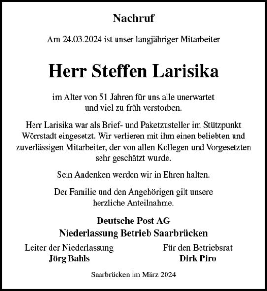 Traueranzeige von Steffen Larisika von Allgemeine Zeitung Mainz