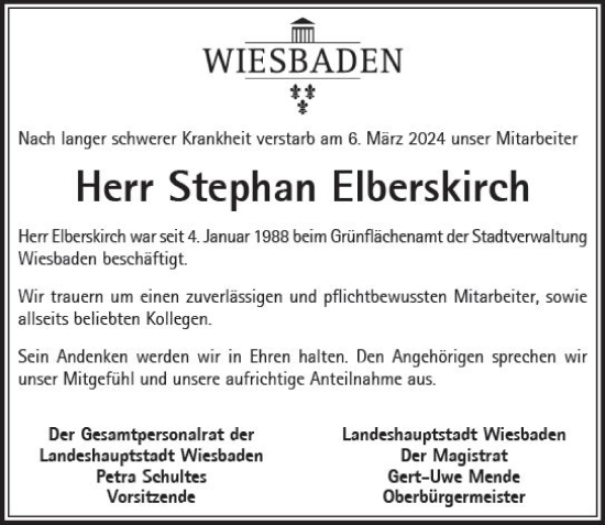 Traueranzeige von Stephan Elberskirch von Wiesbadener Kurier