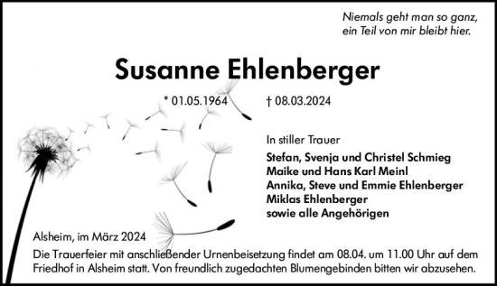 Traueranzeige von Susanne Ehlenberger von Wormser Zeitung