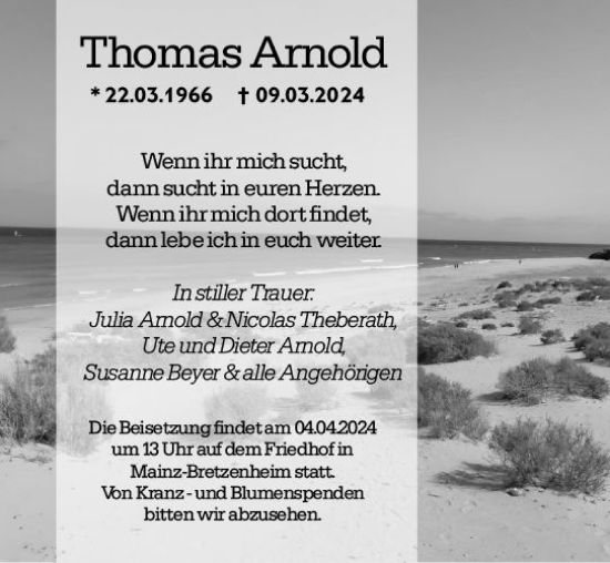 Traueranzeige von Thomas Arnold von Allgemeine Zeitung Mainz