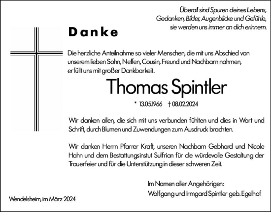 Traueranzeige von Thomas Spinaler von Allgemeine Zeitung Alzey