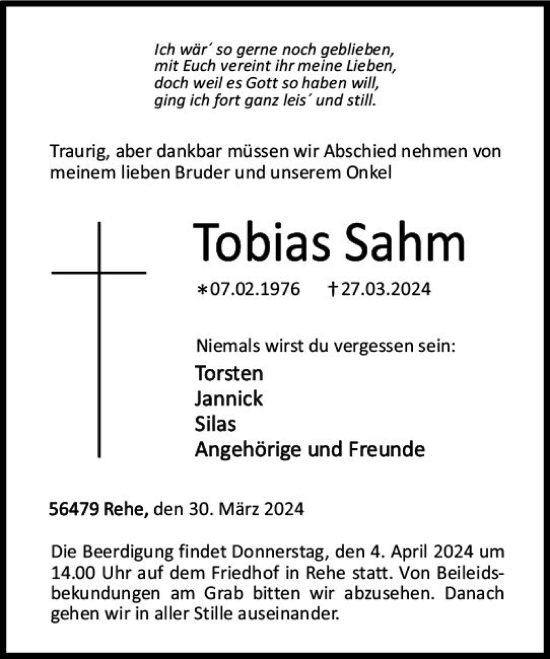 Traueranzeige von Tobias Sahm von Dill Block