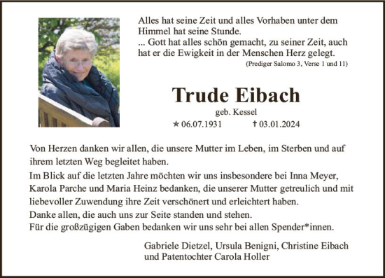 Traueranzeige von Trude Eibach von Allgemeine Zeitung Alzey