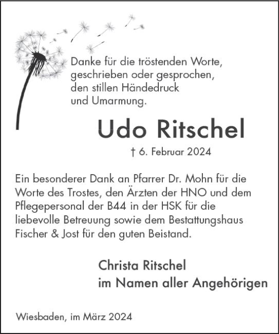 Traueranzeige von Udo Ritschel von Wiesbadener Kurier