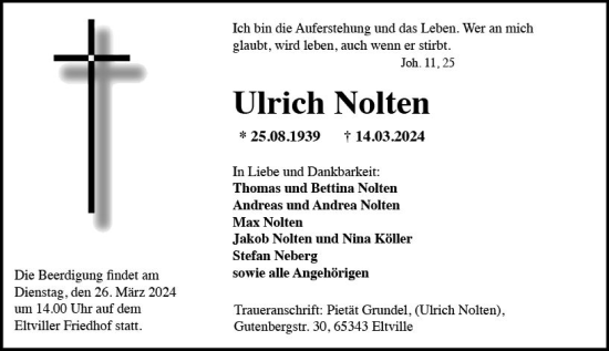 Traueranzeige von Ulrich Nolten von Wiesbadener Kurier