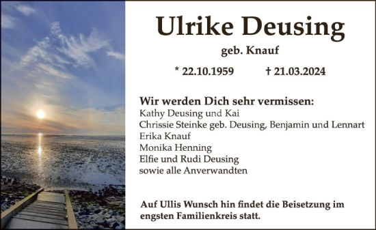 Traueranzeige von Ulrike Deusing von Wetzlarer Neue Zeitung