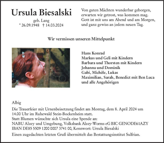 Traueranzeige von Ursula Biesalski von Allgemeine Zeitung Alzey