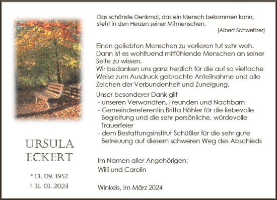 Traueranzeige von Ursula Eckert von Weilburger Tageblatt