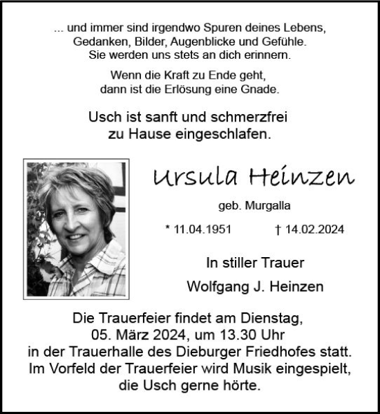 Traueranzeige von Ursula Heinzen von Dieburger Anzeiger/Groß-Zimmerner Lokal-Anzeiger