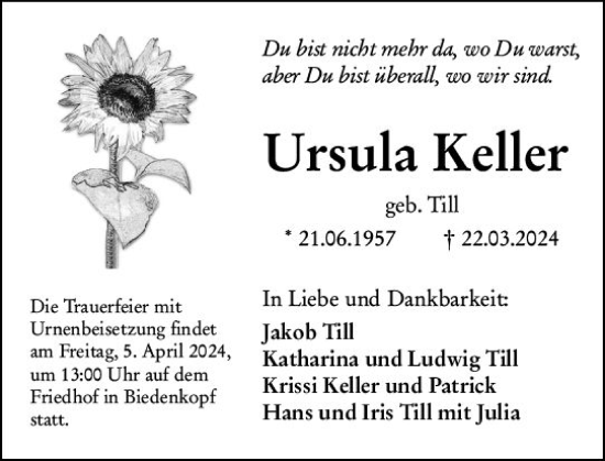Traueranzeige von Ursula Keller von Hinterländer Anzeiger