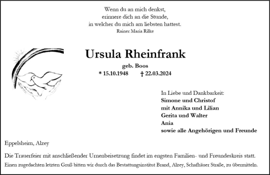 Traueranzeige von Ursula Rheinfrank von Allgemeine Zeitung Alzey