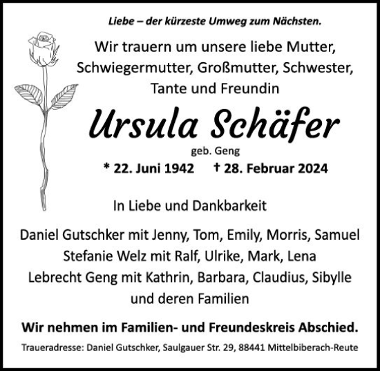 Traueranzeige von Ursula Schäfer von Wiesbadener Kurier