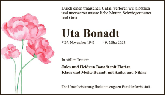 Traueranzeige von Uta Bonadt von Idsteiner Land/Untertaunus