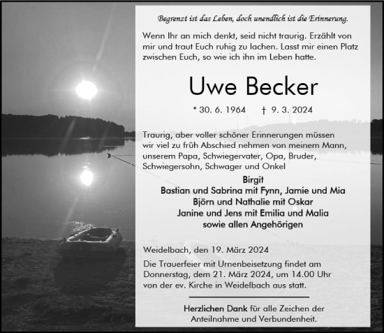 Traueranzeige von Uwe Becker von Dill Block