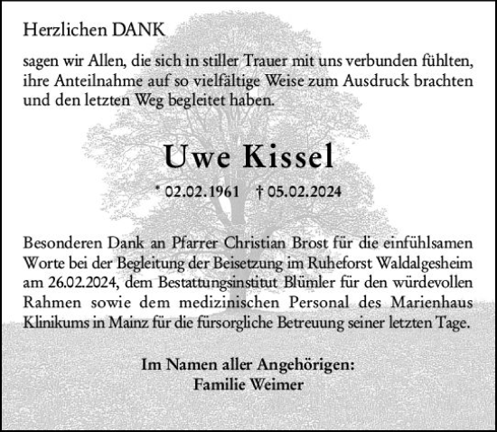 Traueranzeige von Uwe Kissel von Allgemeine Zeitung Bingen/Ingelheim