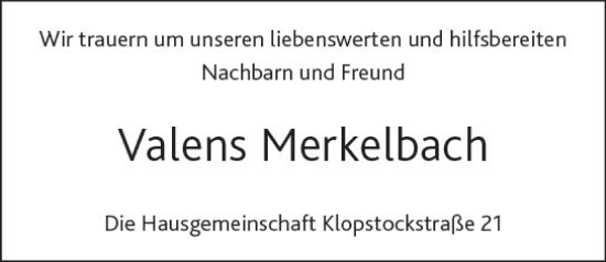 Traueranzeige von Valentin Merkelbach von Wiesbadener Kurier