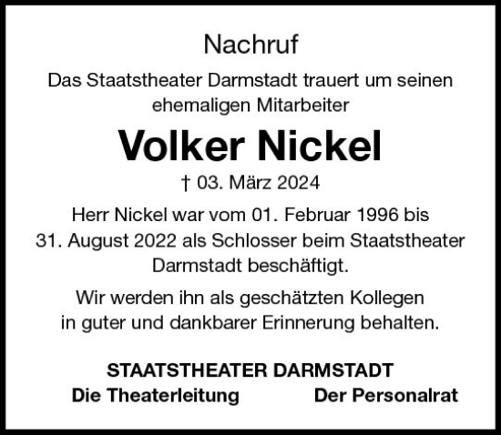 Traueranzeige von Volker Nickel von Darmstädter Echo