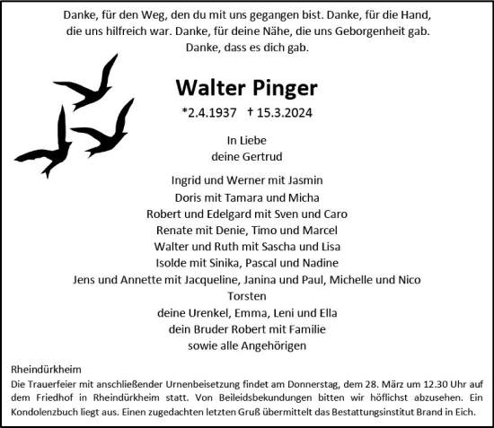 Traueranzeige von Walter Finger von Wormser Zeitung
