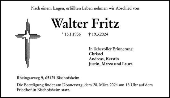 Traueranzeige von Walter Fritz von Rüsselsheimer Echo