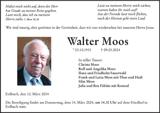 Traueranzeige von Walter Moos von Dill Block