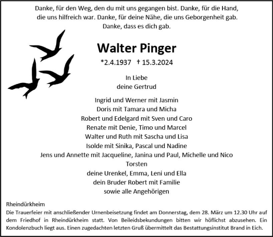 Traueranzeige von Walter Pinger von Allgemeine Zeitung Alzey