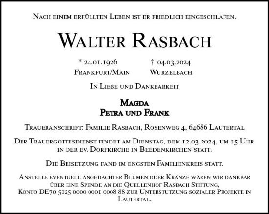 Traueranzeige von Walter Rasbach von Darmstädter Echo