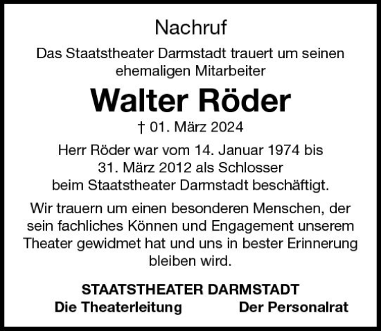Traueranzeige von Walter Röder von Darmstädter Echo