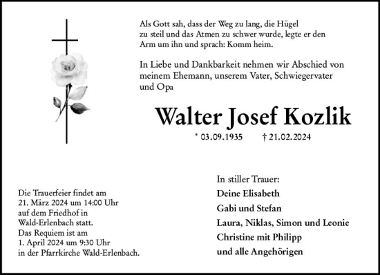 Traueranzeige von Walter Josef Kozlik von Starkenburger Echo