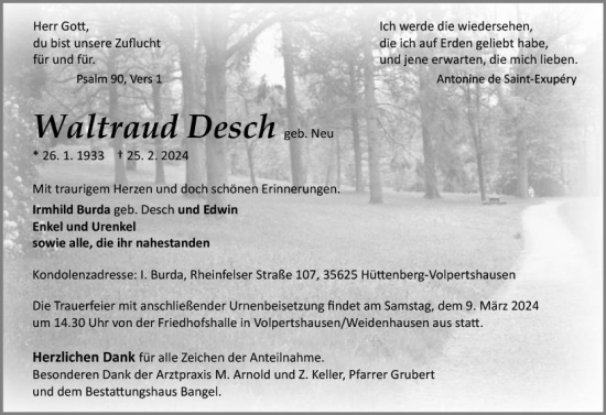 Traueranzeige von Waltraud Desch von Wetzlarer Neue Zeitung