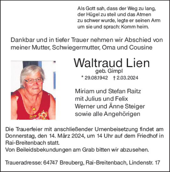 Traueranzeige von Waltraud Lien von Odenwälder Echo