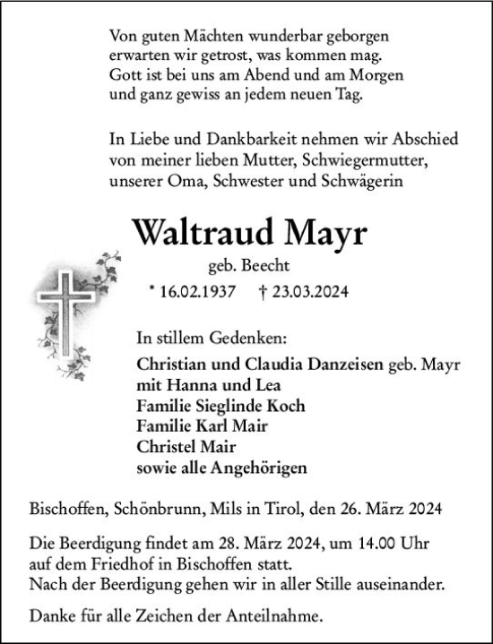 Traueranzeige von Waltraud Mayr von Dill Block