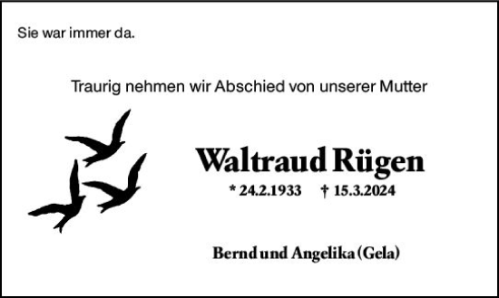 Traueranzeige von Waltraud Rügen von Hochheimer Zeitung