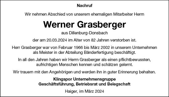 Traueranzeige von Werner Grasberger von Dill Block