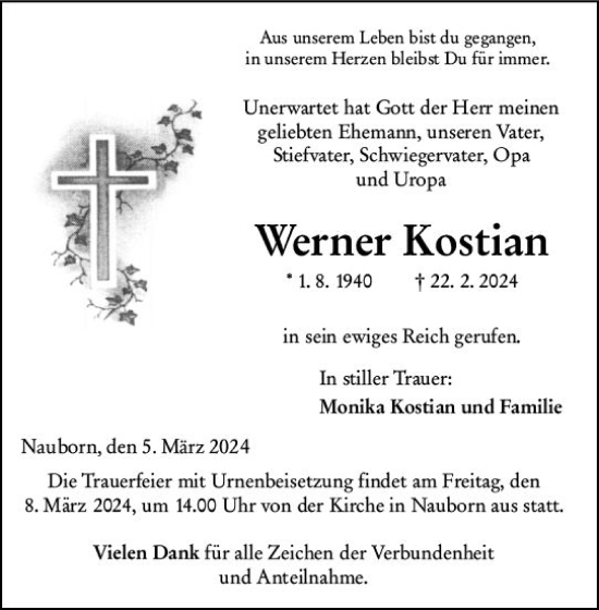 Traueranzeige von Werner Kostian von Wetzlarer Neue Zeitung