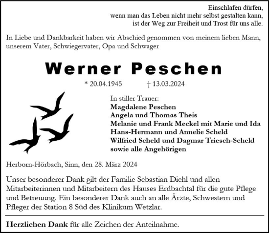 Traueranzeige von Werner Peschen von Dill Block