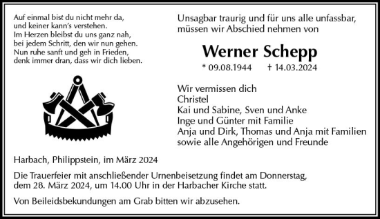 Traueranzeige von Werner Schepp von Wetzlarer Neue Zeitung