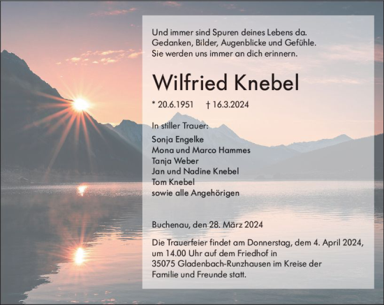 Traueranzeige von Wilfried Knebel von Hinterländer Anzeiger